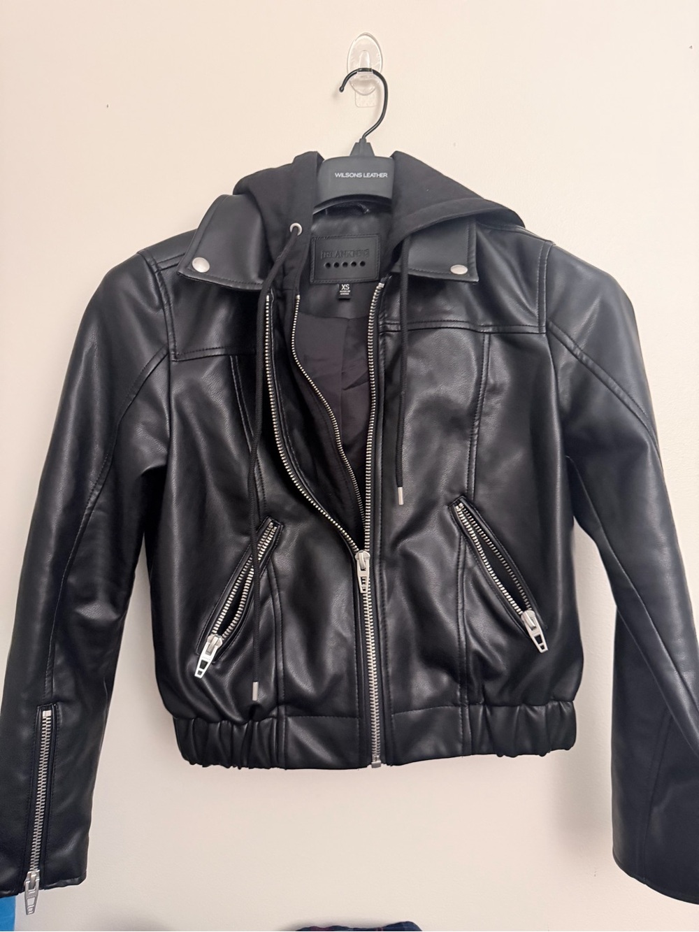 Blank NYC Black Faux Leather Hooded Moto-Style Jacket